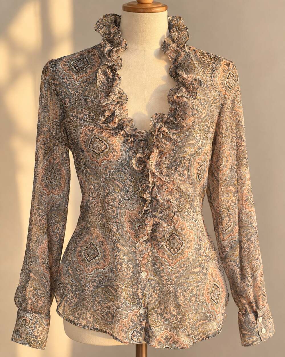 Zara Woman XL Sheer Paisley Ruffle Blouse 70s Boho Romantic Fall Top